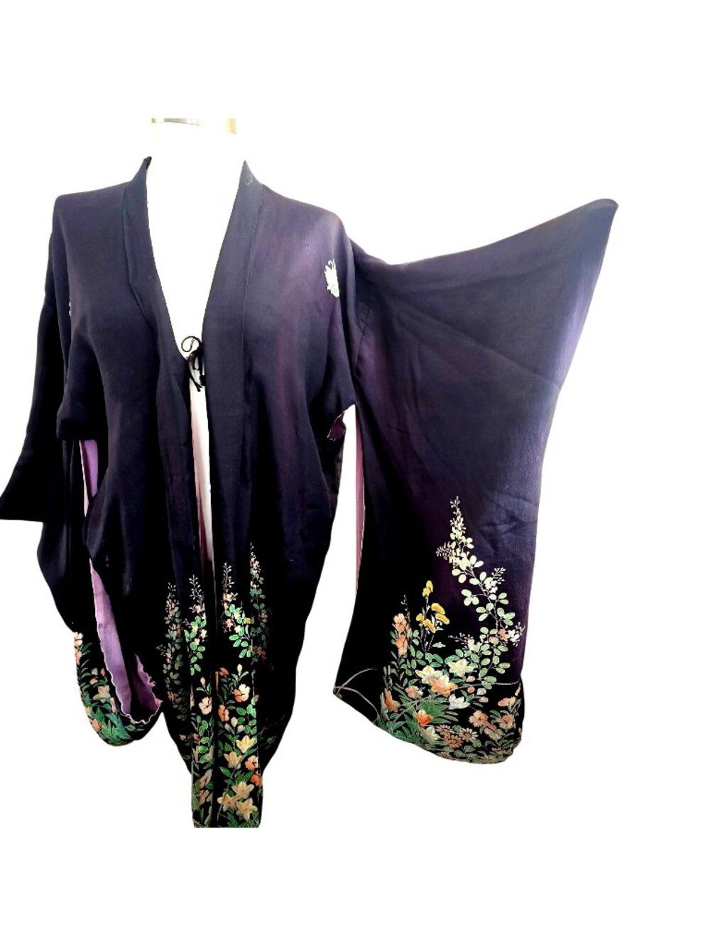 Vintage Silk Kimono Robe Floral Embroidery Black With Green Pink Accent je237